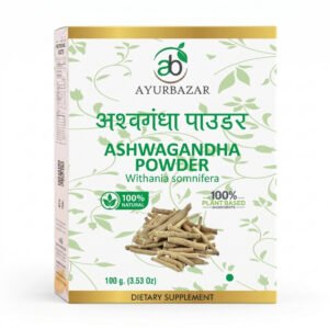 Ayurbazar Ashwagandha Powder 100 g pack — fine light beige ashwagandha powder with dried ashwagandha roots tied in a small bundle