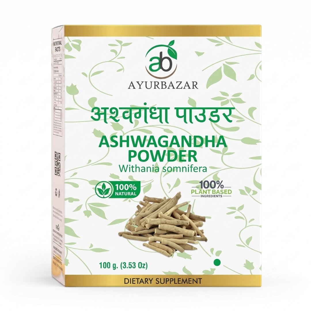 Ayurbazar Ashwagandha Powder 100 g pack — fine light beige ashwagandha powder with dried ashwagandha roots tied in a small bundle