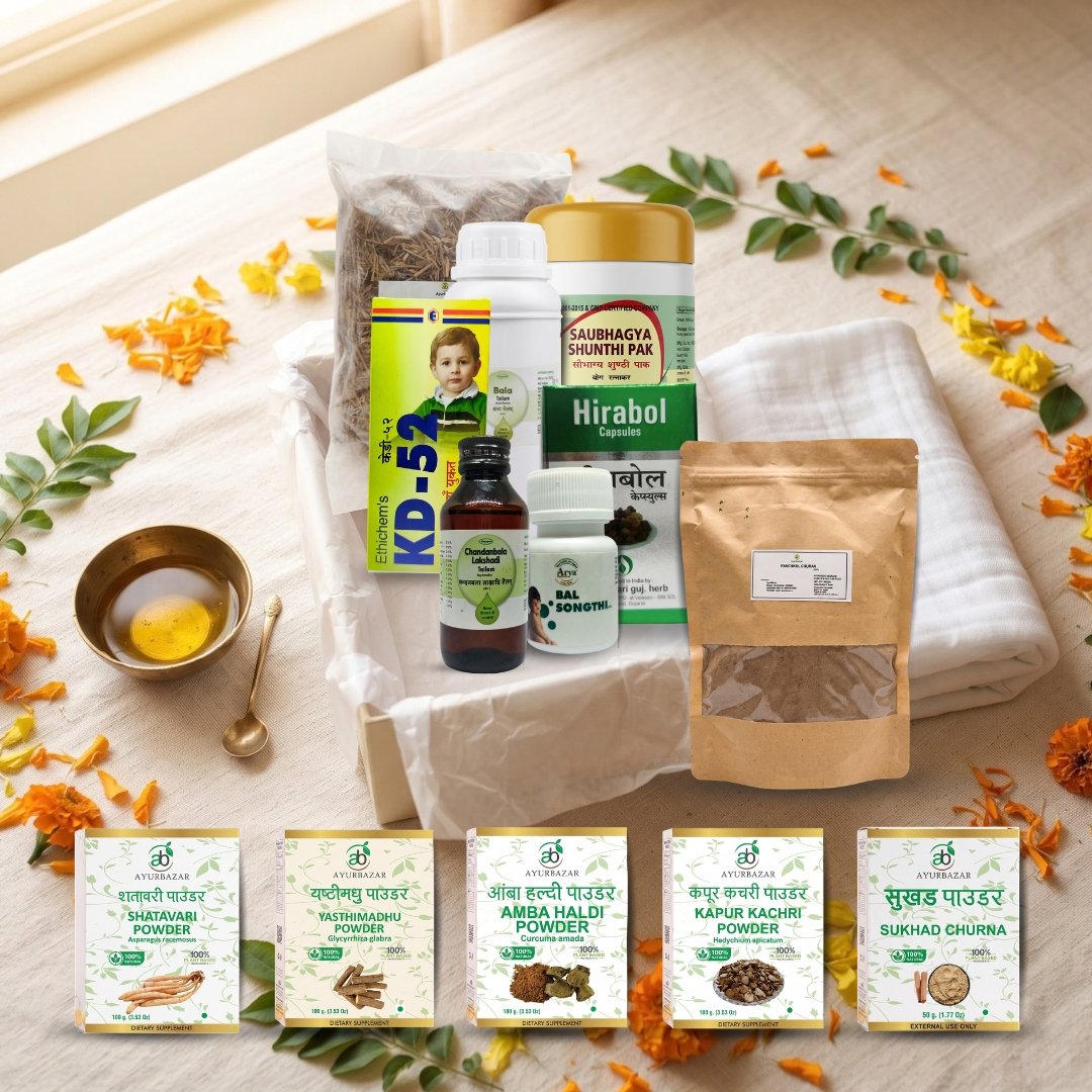The Ayurbazar Post Delivery Kit: 8 medicines in a gift box and 5 Ayurbazar herbal powders in front