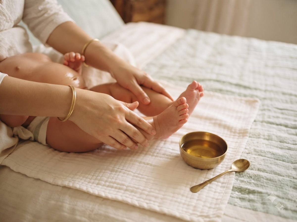 A mother gently massaging her baby's legs with oil from a small brass bowl