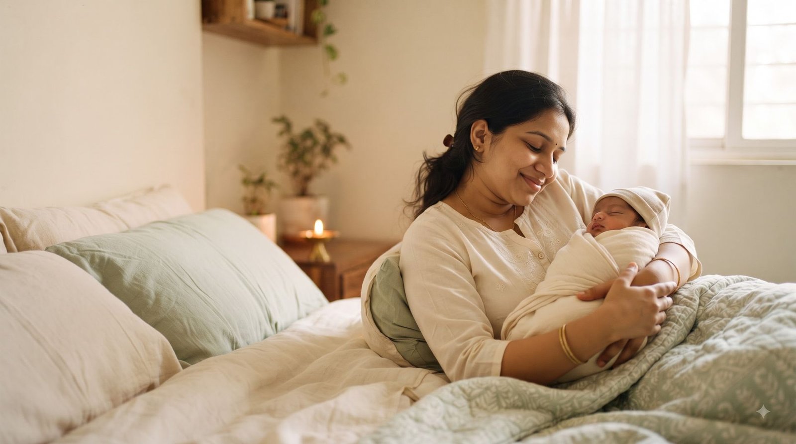 A mother resting in bed, holding her swaddled newborn