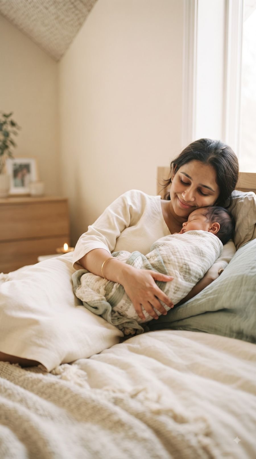 A mother resting in bed, holding her swaddled newborn